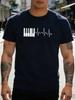Unisex Black Tee Piano Keys Heartbeat Line Art Print Short Sleeve Loose Casual Street Basic Top For Adult Male Daily Wear Outfit