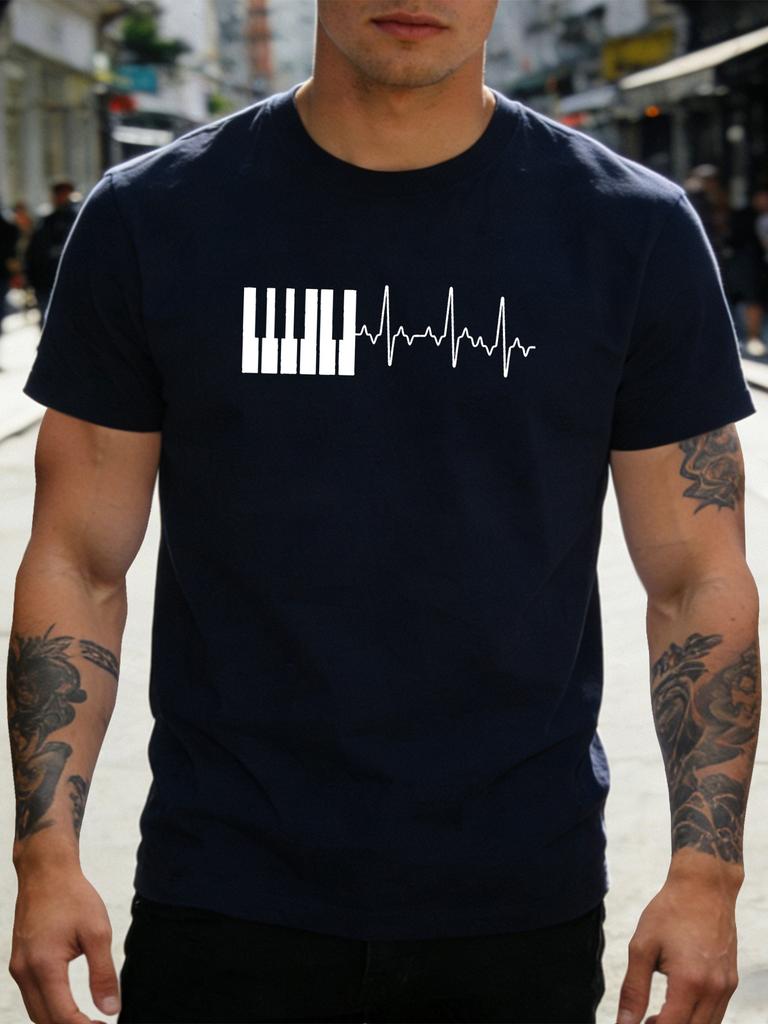 Unisex Black Tee Piano Keys Heartbeat Line Art Print Short Sleeve Loose Casual Street Basic Top For Adult Male Daily Wear Outfit