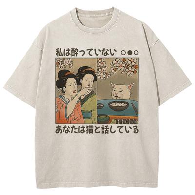 Camiseta 100% Algodón Camiseta Divertida Estilo Japonés Gato de Dibujos Animados Camisetas Retro Hombre/mujer Camiseta Vintage Oversize Lavado Mineral Tops