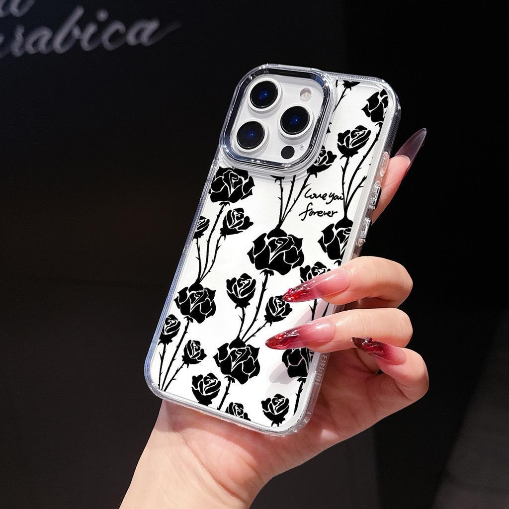 Clear Black Rose Phone Case for iPhone 17 Air 16E 16 15 Pro Max 14 Plus 13 12 Mini X Xs 8 7 Soft TPU Cover Coques Accessory