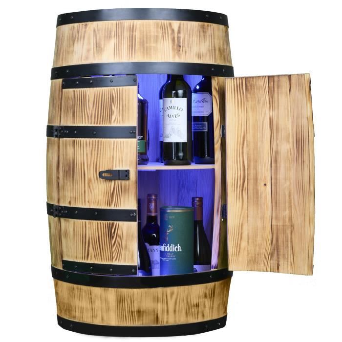 Casier À Vin - Creative Cooper - Tonneau En Bois Avec Portes, LED Et Télécommande, Casier À Alcool, 80x50 Cm, Bois De Pin Brûlé