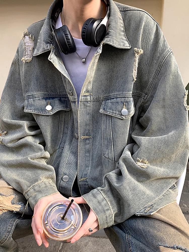 Men's Trendy Ripped Denim Jacket - Handsome American Retro Style for Spring and Autumn