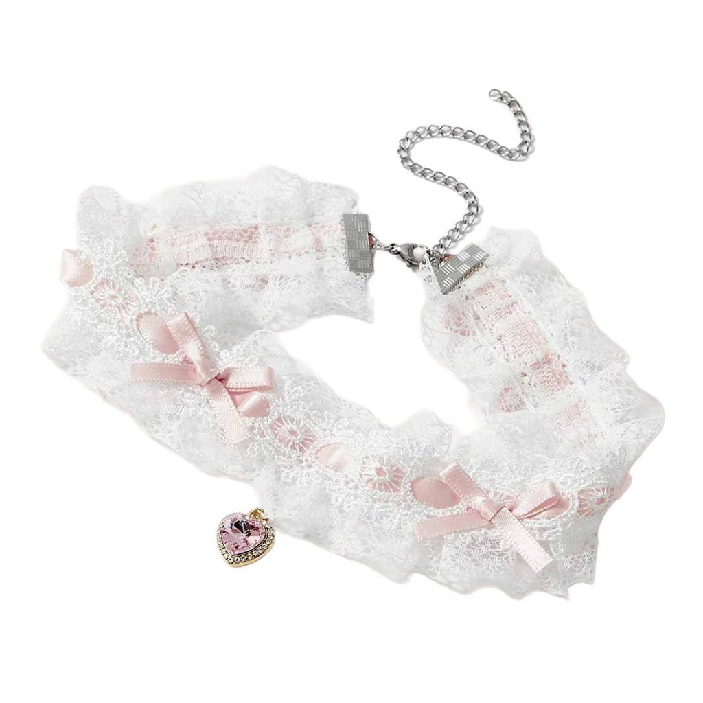 Lace Woven Bow Choker Necklace With Crystal Heart Pendant Elegant Zinc Alloy Chain For Women Daily Wear Gift Idea