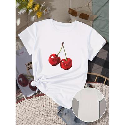 Cherry Print T-shirt Short Sleeve Crew Neck Casual Top for Summer & Spring Women's Clothing Y2k Top
