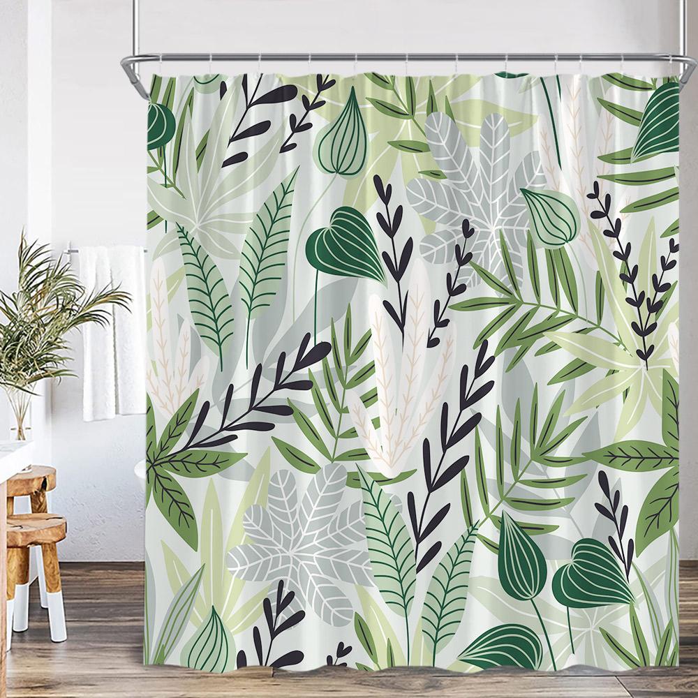 Tropical Leaf Shower Curtain Green Leaves Tropics Jungle Flower Floral Bathroom Decor Plants Polyester Bathtub Curtain with Hook