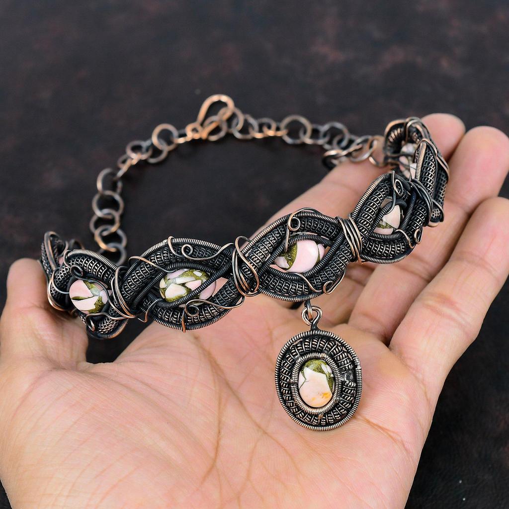 Copper Pink Opal Necklace Copper Wire Wrapped Necklace Adjustable Chain Necklace Real Gemstone Necklace Handmade Copper Jewelry Gift For Mom