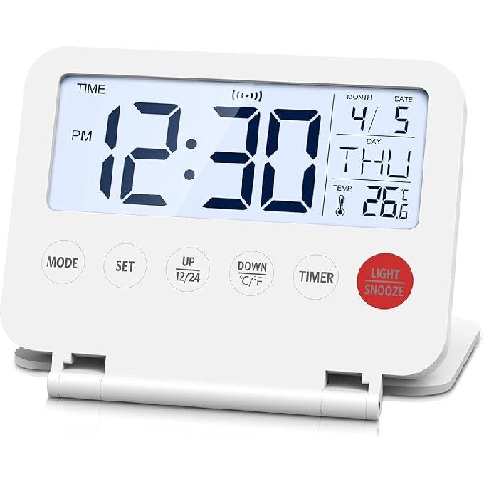 Upgraded Digital Travel Alarm Clock, LCD Display Small Alarm Clock with Temperature, 12/24H, Snooze,Backlight, Countdown Function, Battery Powered белый