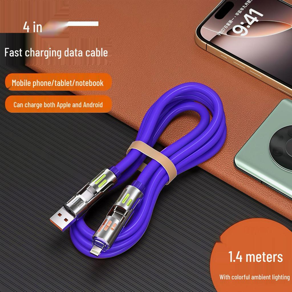 4-in-1 6A Fast Charging Cable with Running Horse Light for Apple, Huawei, Xiaomi, Samsung