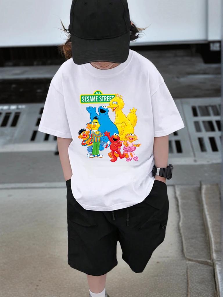 Cute Sesame Street Cartoon Short Sleeve Tee For Children Summer Casual Crewneck Top Boys Girls Age 3-14
