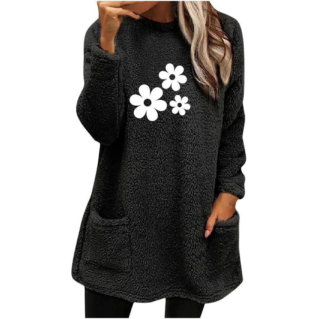 New Cartoon Print Long Sleeve Loose Round Neck Pullover Pocket Fleece Hoodie
