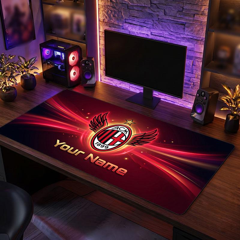 Tappetino per Mouse Grande Personalizzato AC Milan, Stampa Testo Nome Personalizzato, Tappetino da Scrivania Antiscivolo con Logo Calcio, Regalo per Gamer