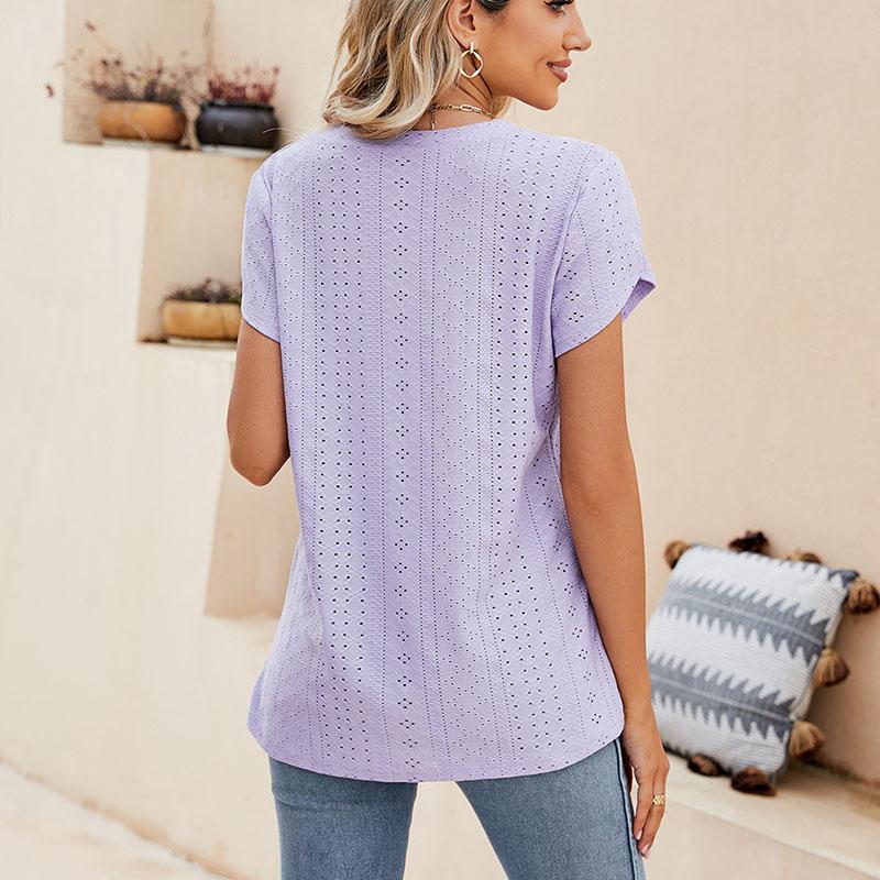 Summer Women's T-shirt Solid Color V-neck Tile Sleeve Loose Short Sleeve T-shirt Tops