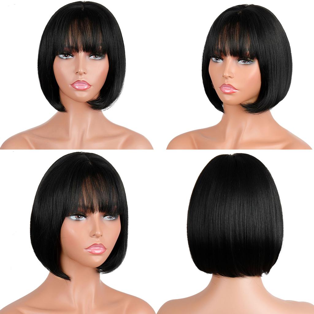 XINRAN Straight Black Synthetic Wig with Bangs Women's Short Length Hair Bob Wig Heat Resistant Bobo Hairstyle Daily Wig