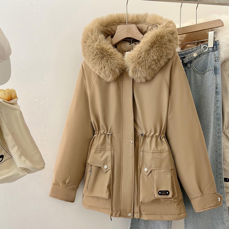 Big Fur Collar Hooded Down Cotton-padded Jacket for Women's Winter Velvet Thickened Cotton-padded Jacket with Waist and Thin Cotton-padded Jacket