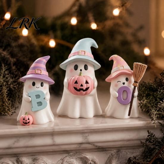 Decorative Figurines for Halloween 3Pcs Pink Ghost Figurines, Cute Spooky Resin Desk Decor with Pumpkin Tiered Tray BOO Letter, Sweet Tabletop