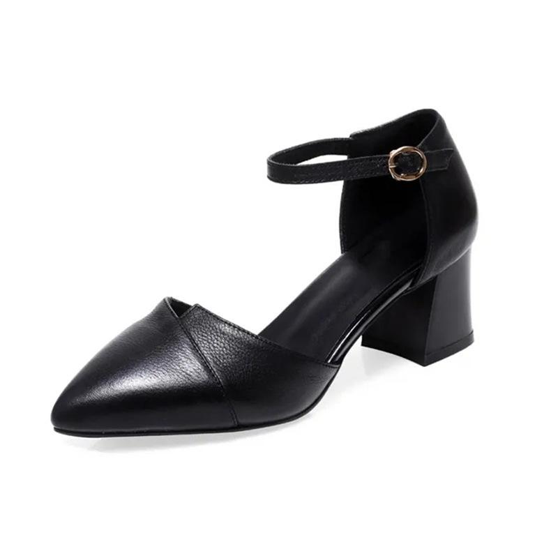 Soft Leather Mid-heel Comfortable Pointed Head Summer Bridesmaid Thick Heel One-word Buckle Bag Head Hollow Shallow Mouth Versatile Temperament Sandal