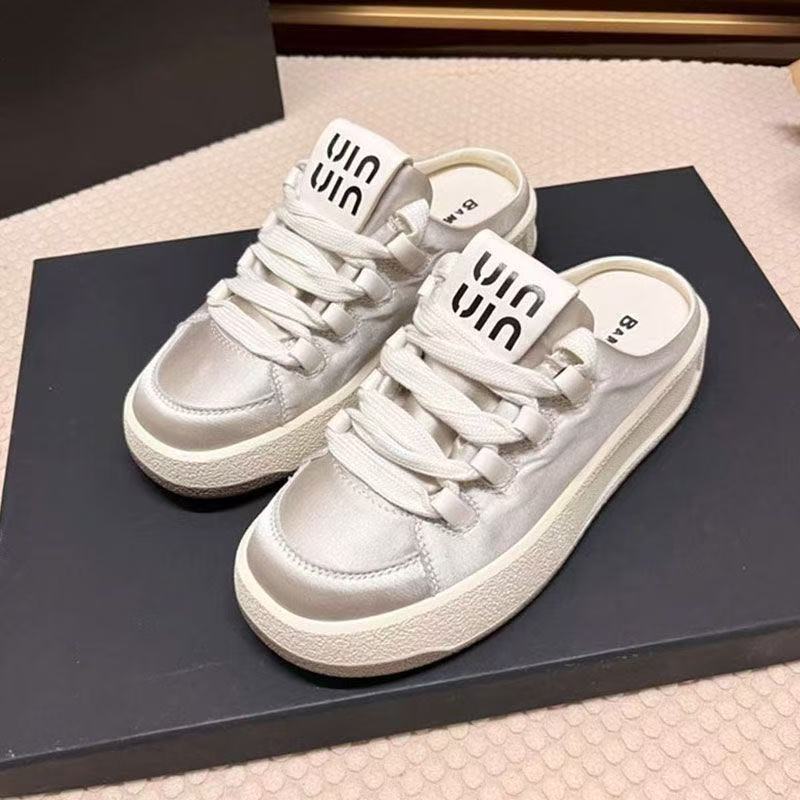 

Премиальные полутапочки на толстой подошве, женская верхняя одежда, весна-лето 2025, новые универсальные спортивные туфли из атласа со шнуровкой 35