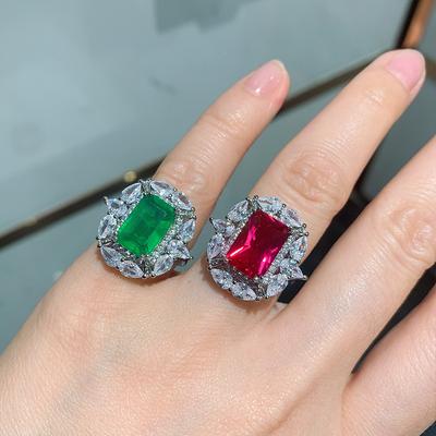 European and American Red Corundum Imitation Pigeon Blood Red Treasure Ring Female, Inlaid with Emerald Imitation Jewelry Ring