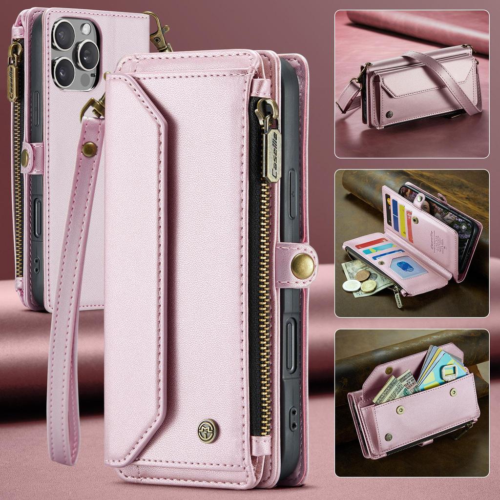 CaseMe (C36) Crossbody Wallet Case For iPhone 13 14 15 16 Pro Max Zipper Wrise Multi-functional Flip PU Leather Card Slots Holder Cover Protector