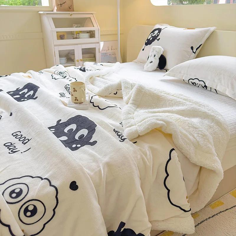 Winter Cartoon Printed Lamb Wool Blanket Thick and Warm Coral Fleece Blanket for Office Napping Fluffy Soft Plush Bedspread