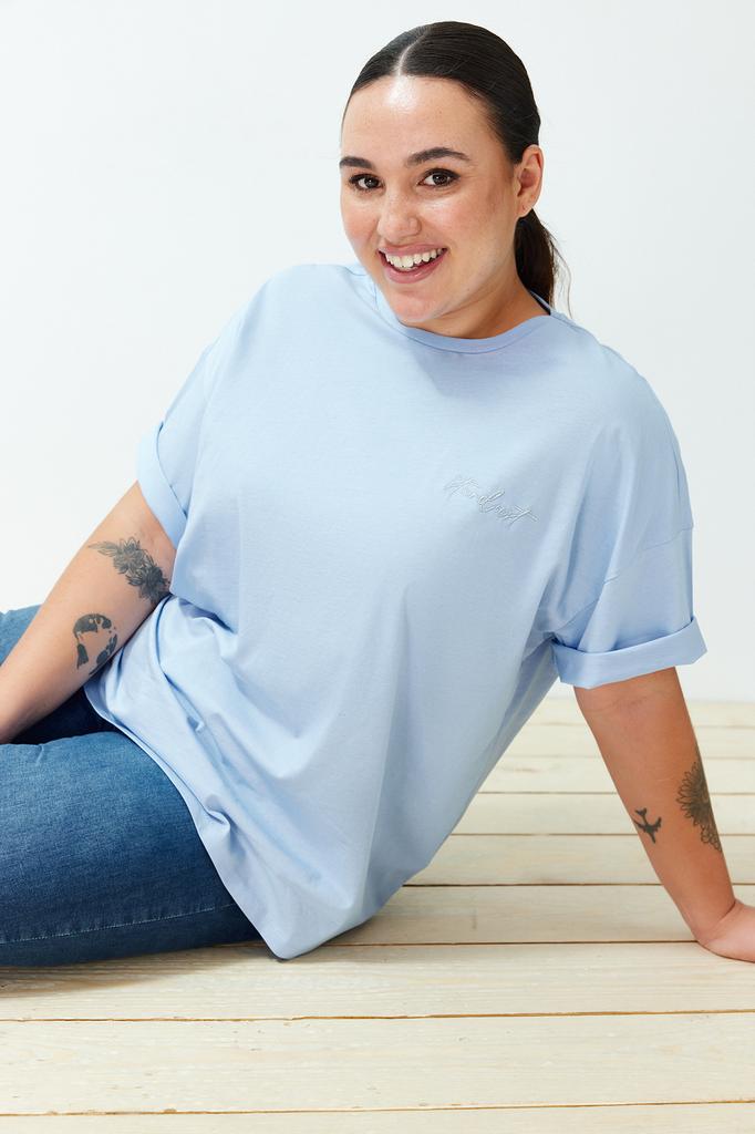 Women's Fashion Plus Size T-Shirt Crew Neck Short Orange Slit and Ruffle Detailed Boyfriend Knitted T-shirt