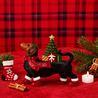 Décoration de Noël Teckel Lumineux Résine Ornement Teckel avec Écharpe Bottes Arbre Lumineux Mignonne Figurine Teckel pour Table de Fête