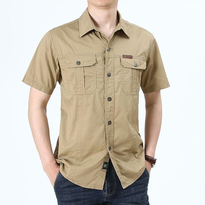 

Мужская рубашка в стиле сафари из хлопка с коротким рукавом в стиле милитари, уличная мода, лето, новые повседневные топы с лацканами в деловую клетку 5XL M хаки