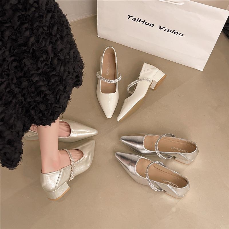Baotou Rhinestone Word with Sandals Women's Summer New Pointed Empty Single Shoes Thick Heel Mary Jane Shoes