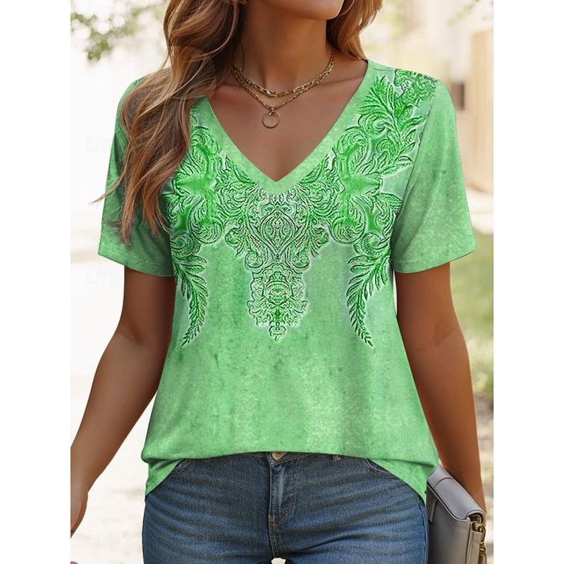 2025 Ethnic Women's T-Shirt Vintage Graphic Fashion Short Sleeved V-Neck Regular Tops Daily Print Tee Summer