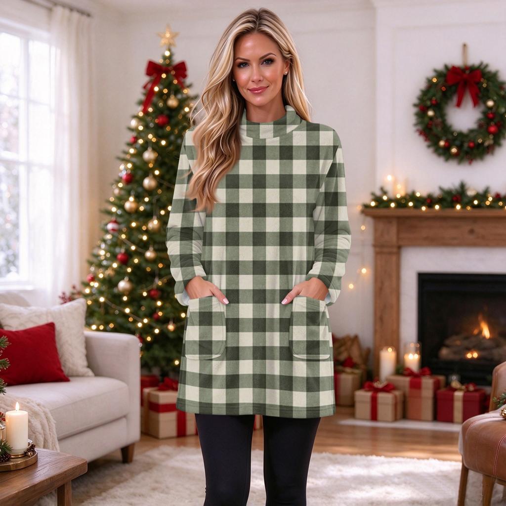 Women's Flannel Plaid Print Pullover Top with Pocket, Long Sleeve Neck
