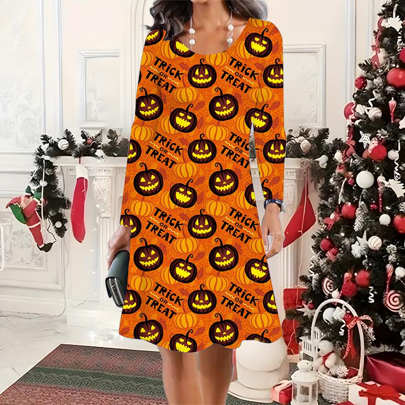 2025 Toamnă & Iarnă Femei Rochie Nouă Casual cu Gât Rotund Model 3D de Halloween Cadou Ideal de Halloween Crăciun