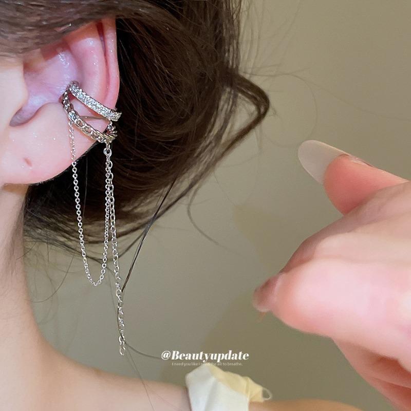 Korean~ Shining Zircon Double-layer Earrings, Ear Clips, Women's No-ear Piercing Design, Ear Bone Clips, Exquisite Cold Wind Earrings