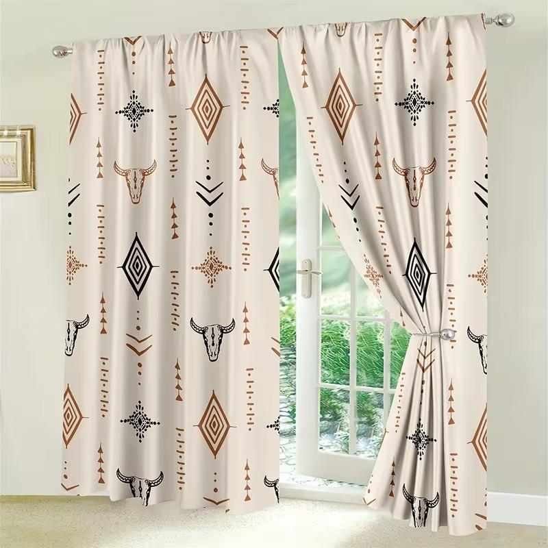 Set Of 2 Aztec Bull Skull Print Curtains Decorative Living Room Decor Window Drapes Boho Made Polyester Area Treatment