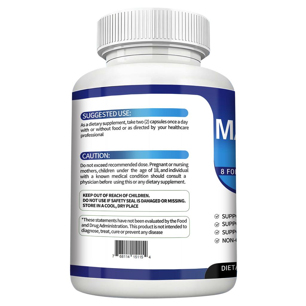 Capsule Complesse di Magnesio: Contiene glicinato di magnesio e malato di magnesio per un assorbimento e un utilizzo massimizzati.