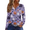 Women's Halloween Print V-Neck T-Shirt with Decorative Buttons Long Sleeve Casual Top