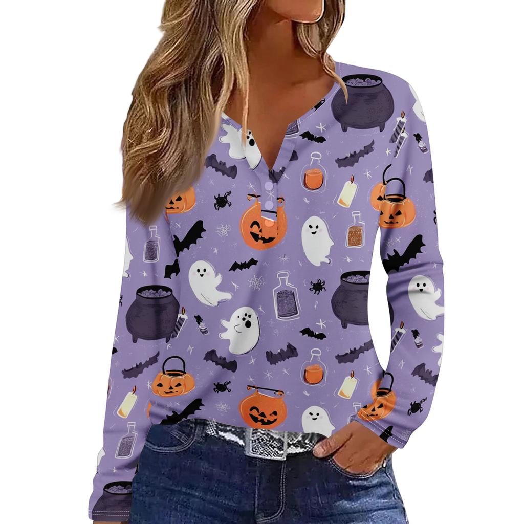 Women's Halloween Print V-Neck T-Shirt with Decorative Buttons Long Sleeve Casual Top