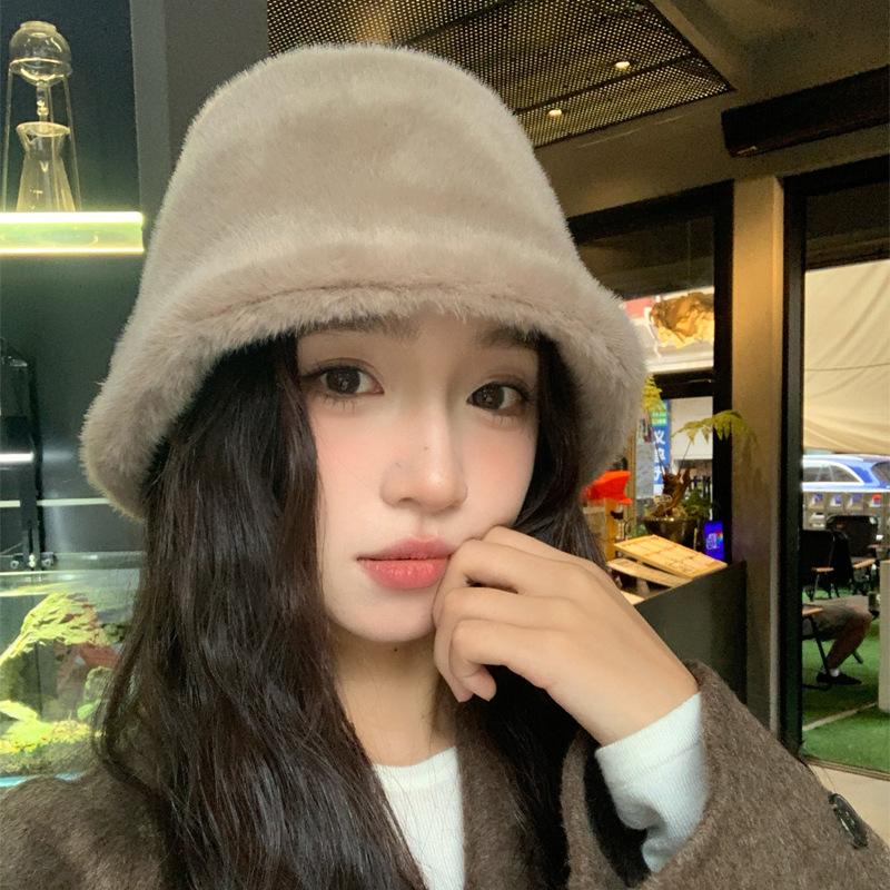 Korean Version of Autumn and Winter New Hat for Women Imitation Mink Hair Solid Color Versatile Fisherman Hat for Winter Warmth Simple Plush Hat