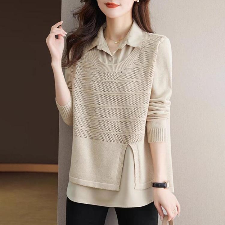 Oversize Cotton Shirt for Women Loose Blouse Long Sleeve Pullover Top Turn Down Collar Casual Fake Two Pieces
