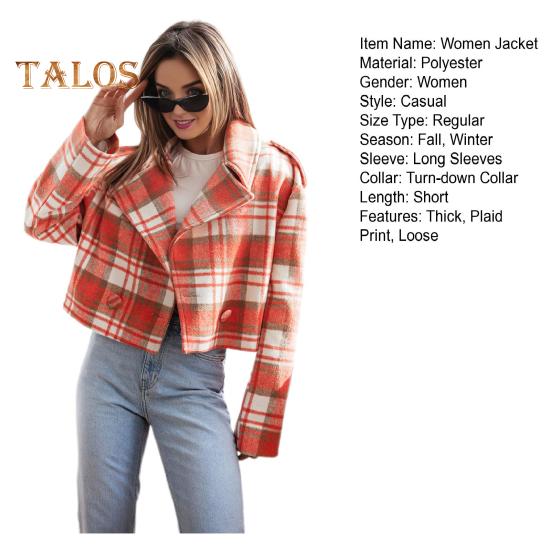 Fall Winter Women Jacket Turn down Collar Plaid Print Long Sleeves Loose Cardigan Button Decor English Style Short Type Outerwear Coat