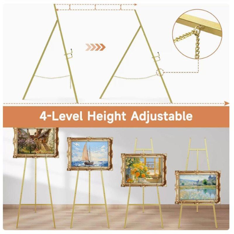 T02C!Art For Painting Easel 4-Tier Golden Stand For Sign, Display Easel Featuring Adjustable Chain, Wedding For Sign Gold