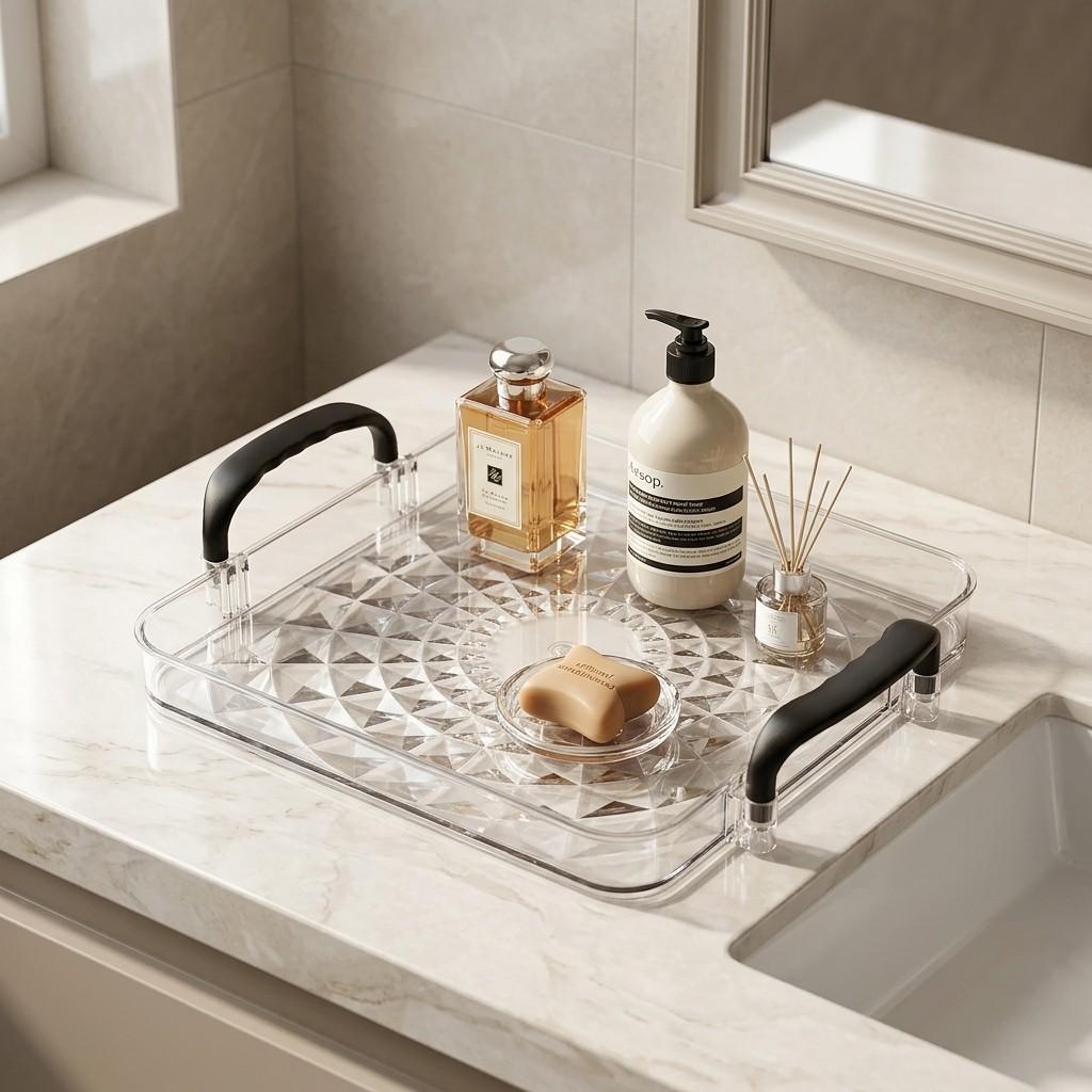 Clear Plastic PET Vanity Tray Bathroom Counter Organizer with Handles Desktop Makeup Cosmetics Skincare Perfume Storage Box