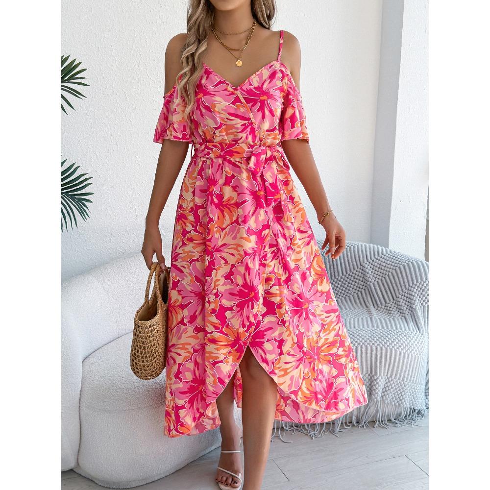 Spring Summer Strapless Cross V Neck Floral Halter Long Holiday Dresses Women