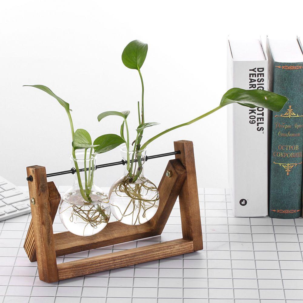 Home Decor Planter Terrarium Tabletop Wooden Frame Glass Vase Hydroponic Plant Vases Flower Pot
