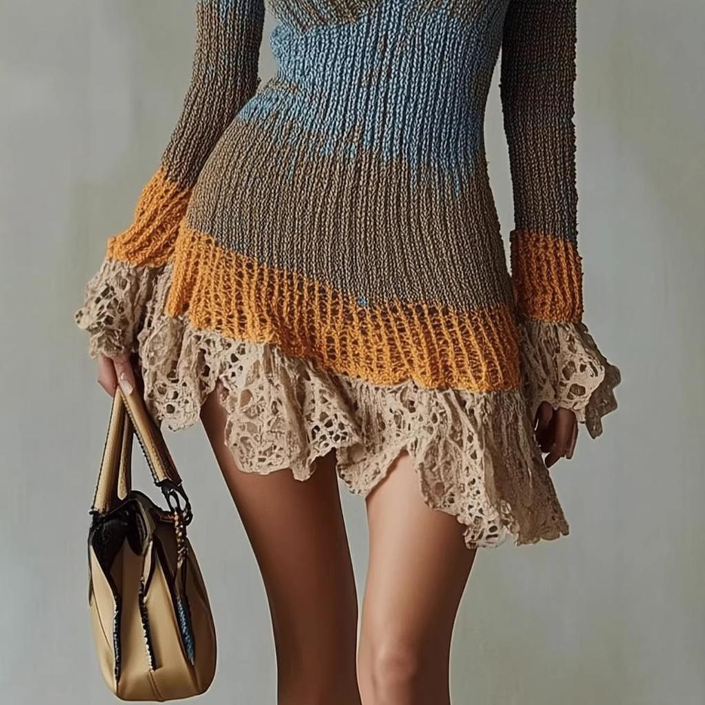 Spring Summer Women's European American Style V-neck Long Sleeve Knit Mini Sweater Dress