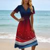 Damen Kurzarm V-Ausschnitt Midi-Kleid mit Stern- und Streifen-Print Lockerer Schnitt Weicher Stoff Lässiger Stil