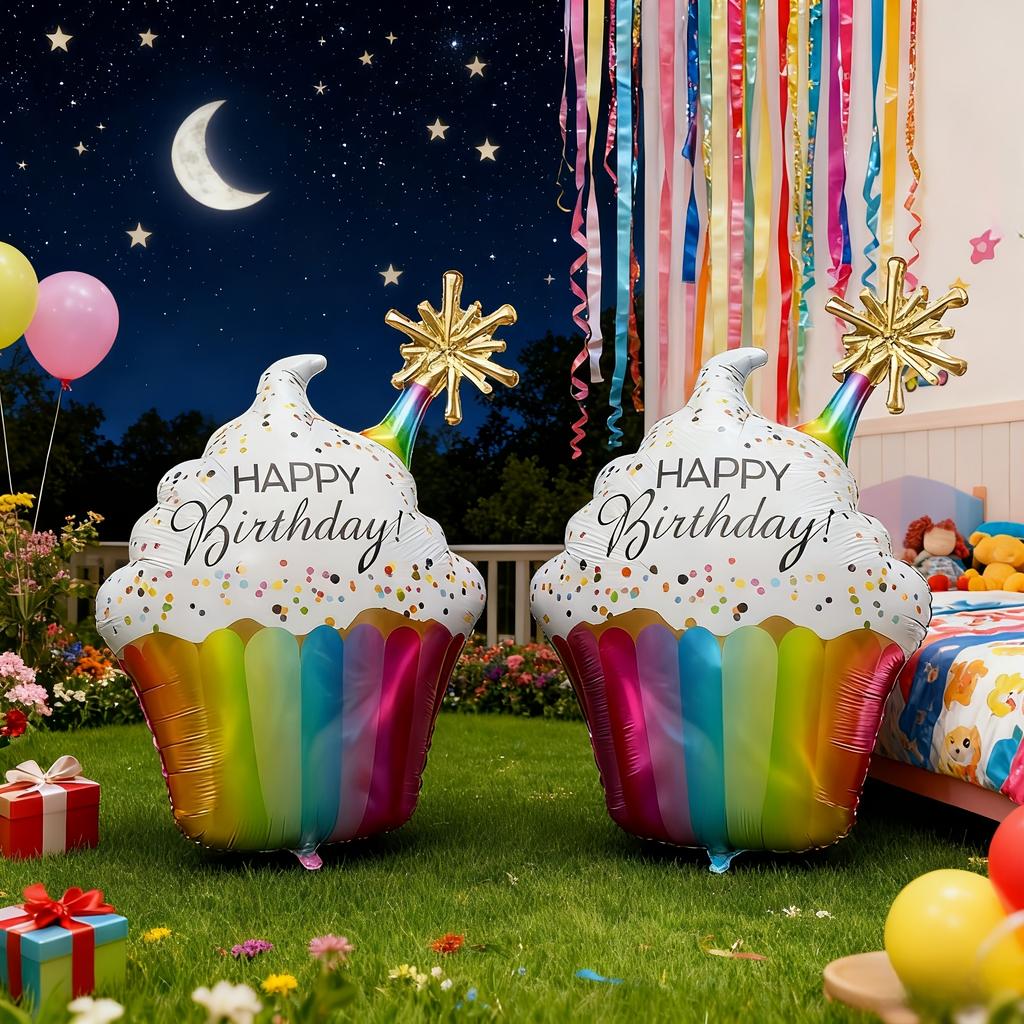 2Pcs Happy Birthday Rainbow Paper Cup Cake Shaped Aluminum Foil Balloon Birthday Party Decoration