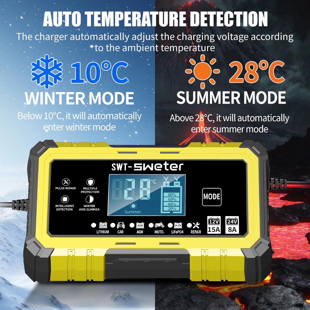 12/24V 15A High Current Smart Charger for Lead-Acid & Lithium-Iron Batteries