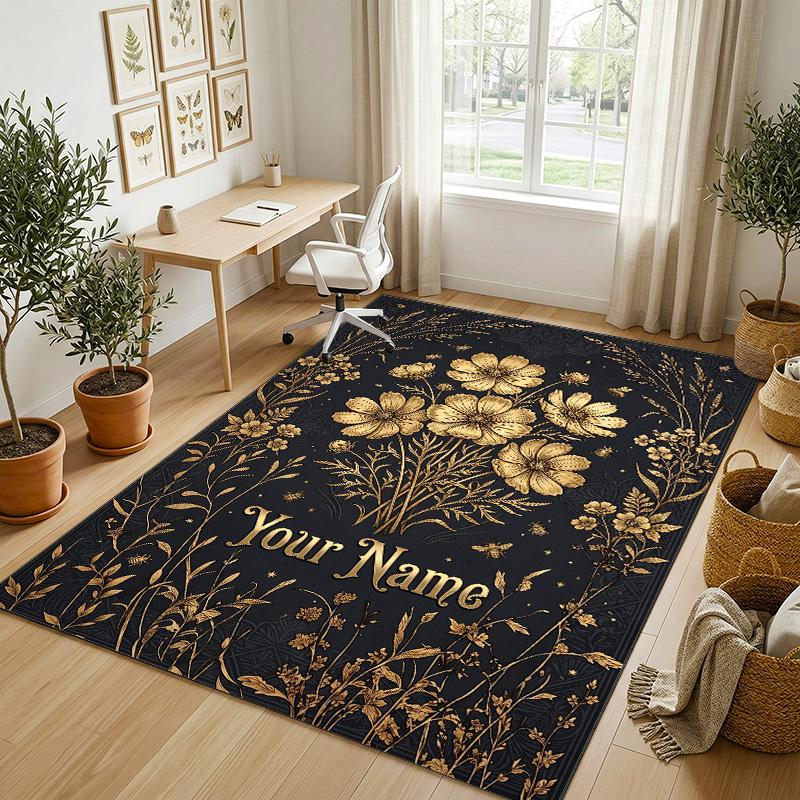 Golden Floral Elegance Theme Soft Crystal Velvet Rug Custom Name & Text Print Non Slip Floor Rug for Bedroom Living Room