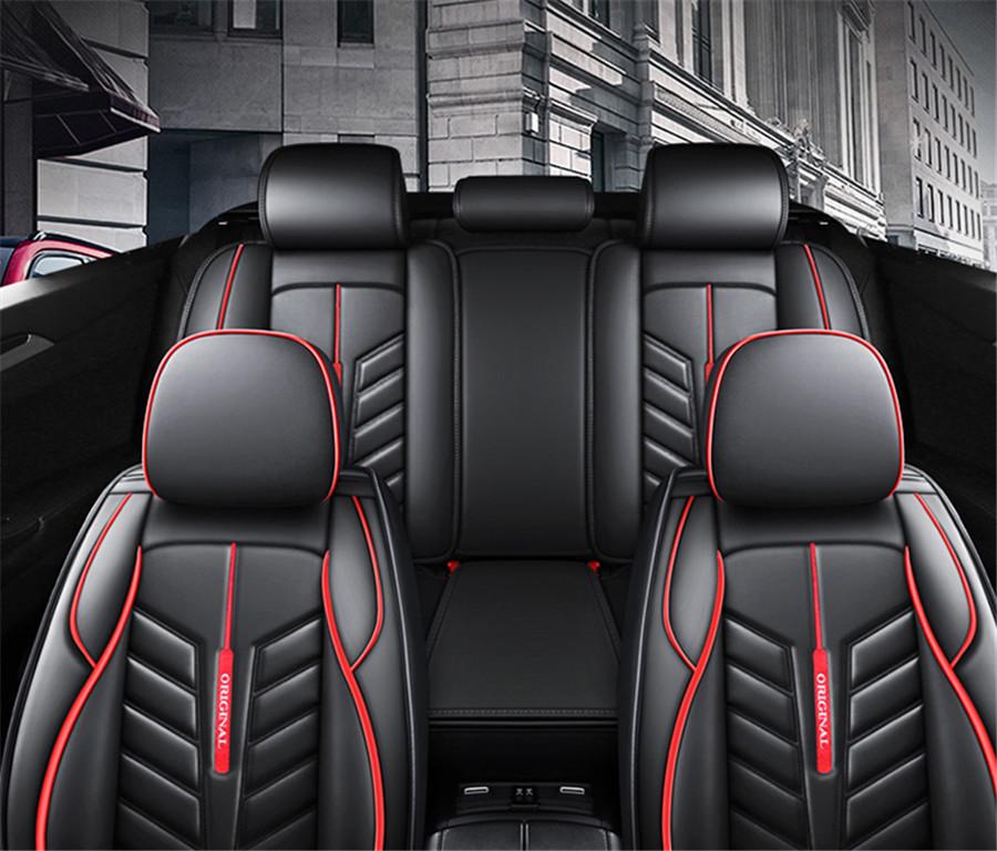Universal Black Red Line Stripe Full Seat Wear-resistant PU Leather Sponge Fabric Car Seat Cover Cushion Breathable...