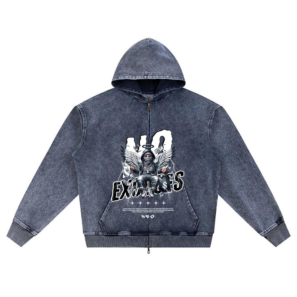 DTG Print Knitted Denim Zip-Up Hoodie Angel Streetwear Brother Print Zipper Hoodies  
